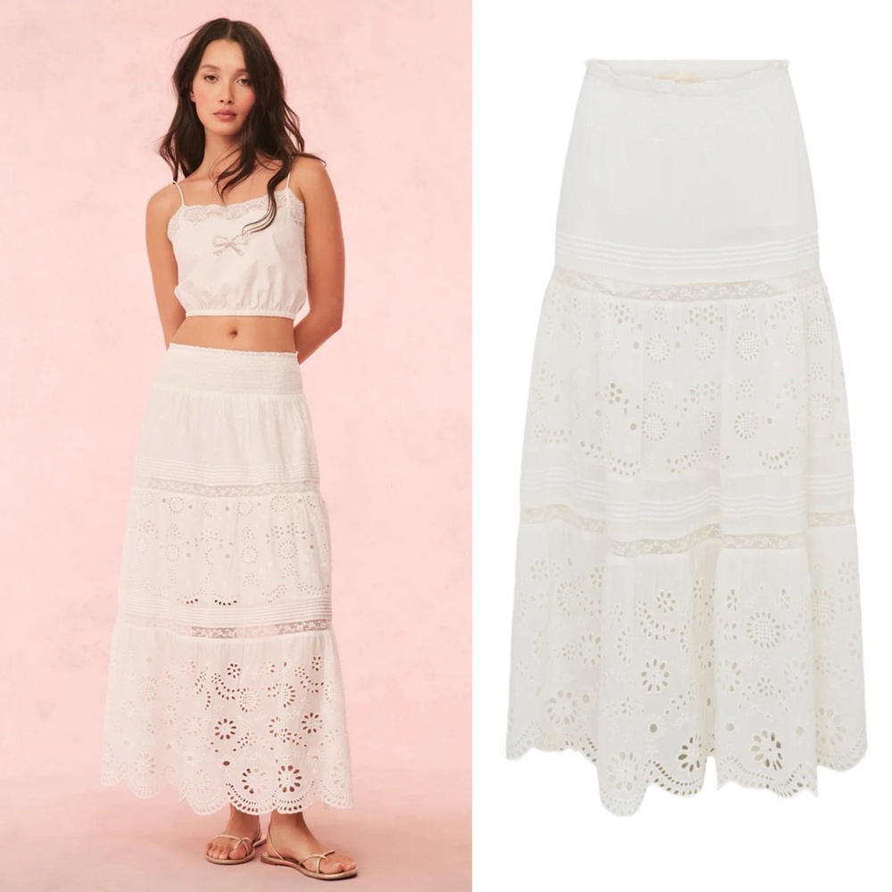 NEW LOVESHACKFANCY miloti eyelet lace maxi skirt in optic white Size Large